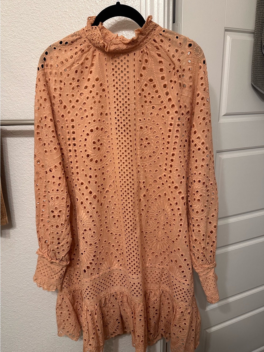 Saints & Hearts Eyelet High-Neck Long Sleeve Dress Top in Peach